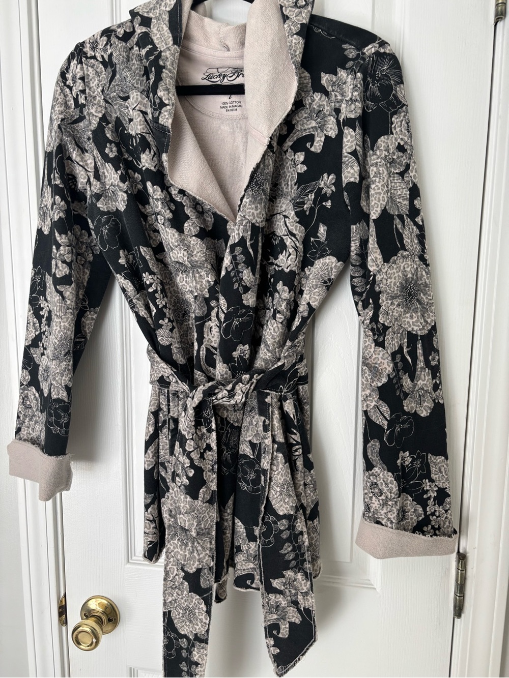 VTG Lucky Brand Jingo Hooded Floral Kimono Wrap Jacket Black Cream Y2K Boho L